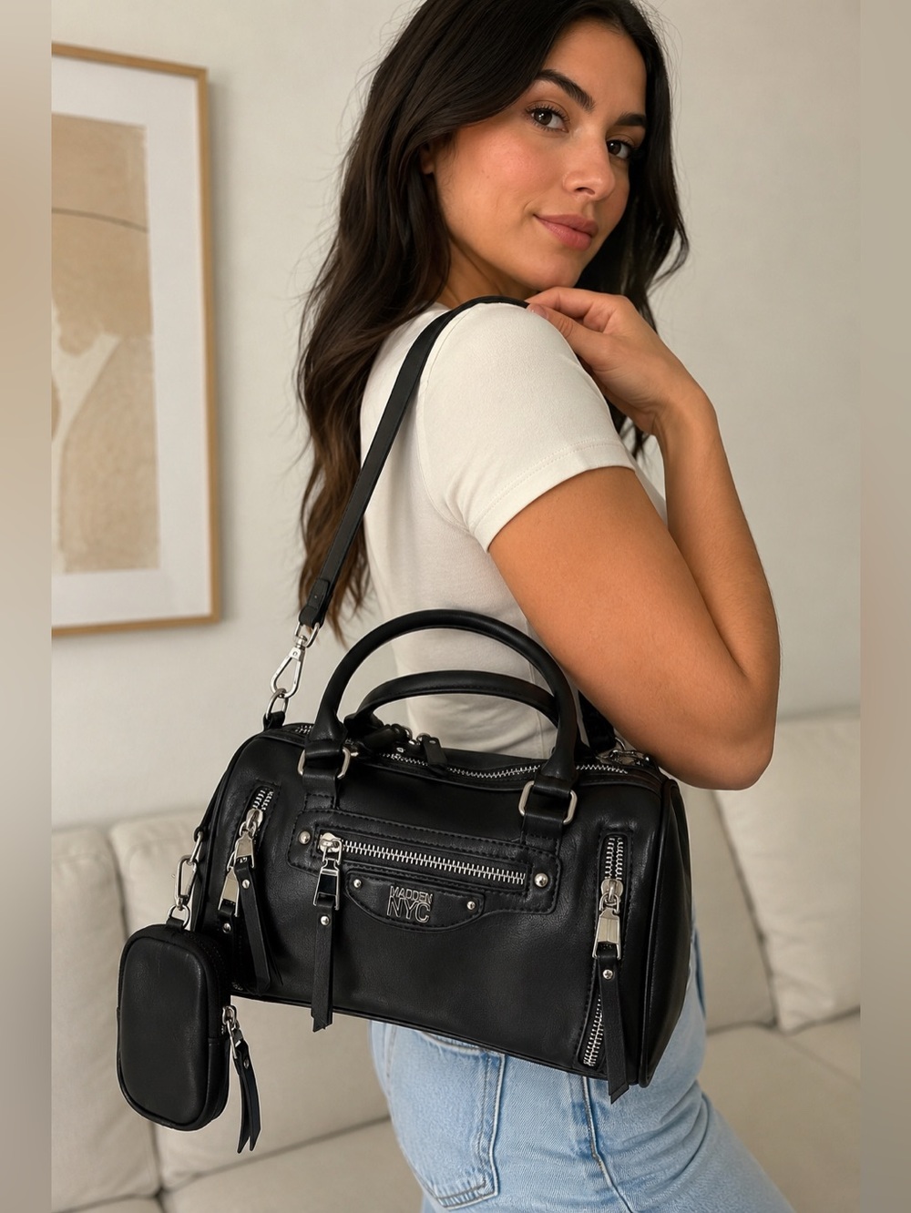 Madden NYC Black Satchel Crossbody Bag Silver Hardware NWT